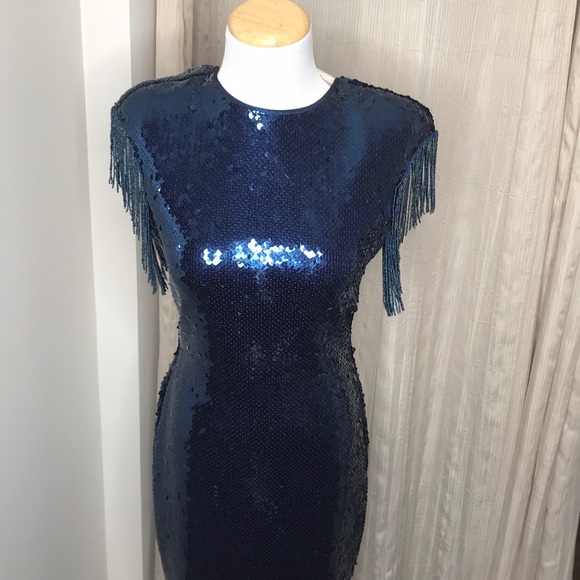 SOLD πVTG Blue Sequin Midi Fringe Open Back Dress M - Picture 9 of 16